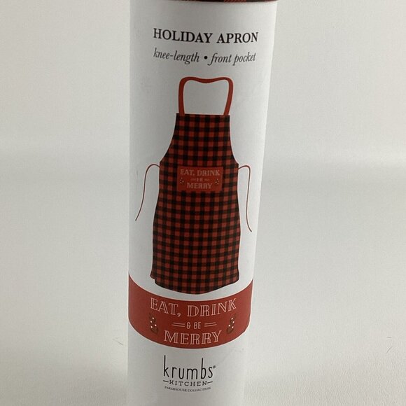 Krumbs Kitchen Holiday Apron Knee Length Front Pocket Eat Drink Be Merry New - Picture 2 of 8